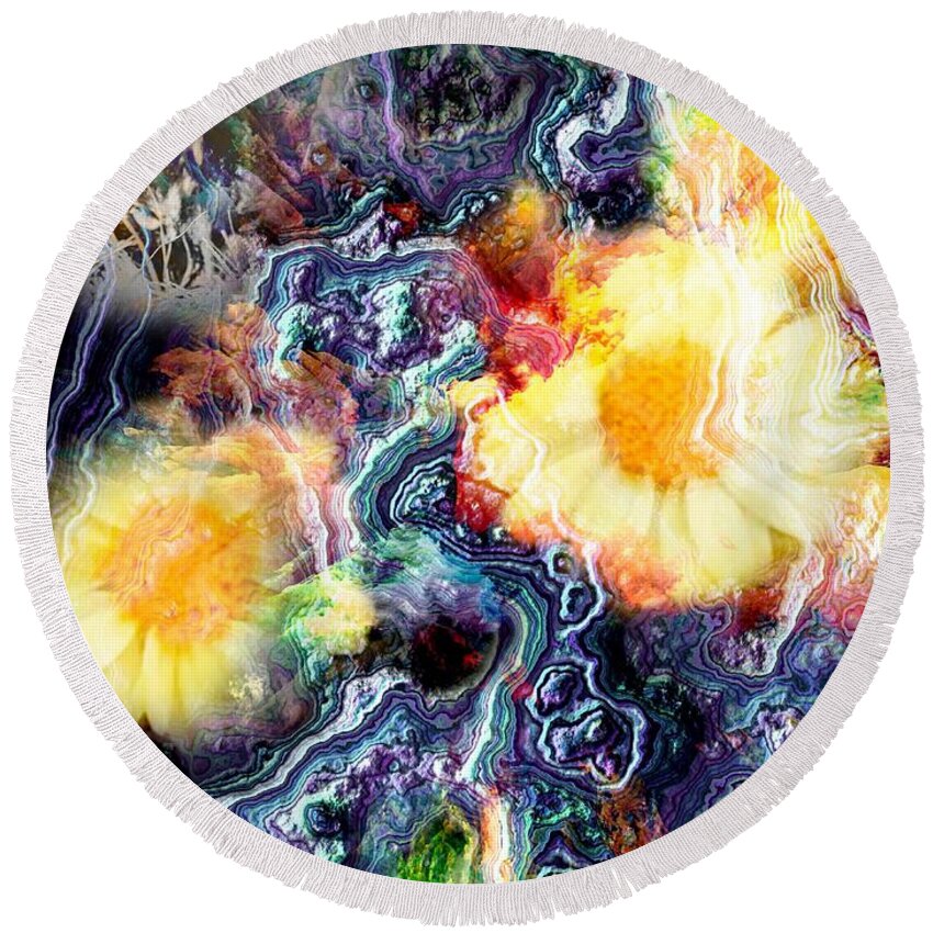 Cat Flowers Yellow Colorful Background Abstract Round Beach Towel featuring the digital art Yellow Flowers and My Cat Abstract by Kathleen Boyles