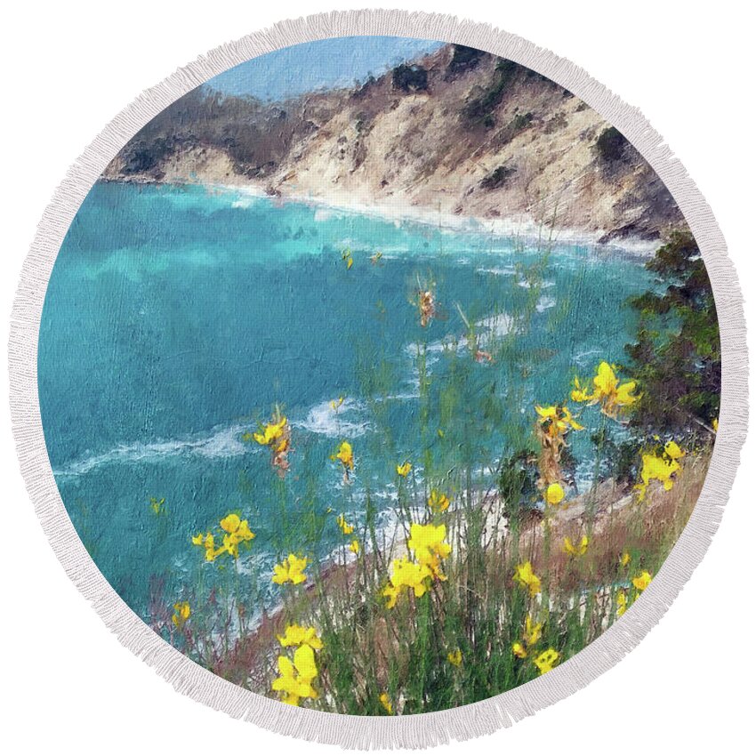 Sea Flowers Round Beach Towel featuring the painting Yellow Flowers over the Sea Bay by Alex Mir