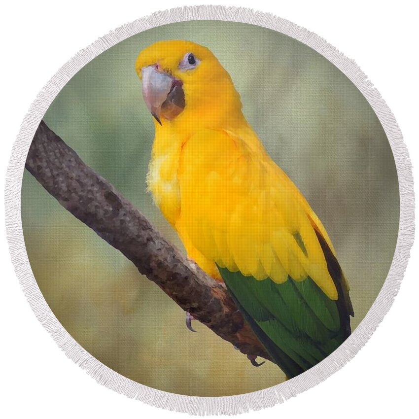 Bird Round Beach Towel featuring the mixed media Yellow Green Parrot Bird 85 by Lucie Dumas