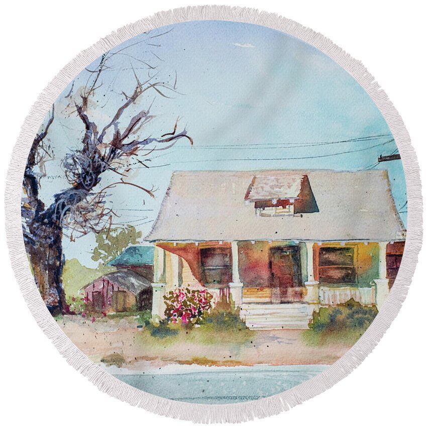 Yellow Round Beach Towel featuring the painting My Home Town Series - Yellow House On 1st Street by Cheryl Prather