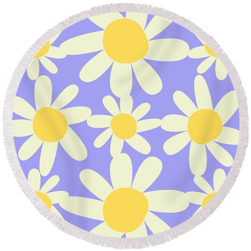 Yellow Round Beach Towel featuring the digital art Yellow, Lilac, and Cream Floral Pattern Design by Christie Olstad