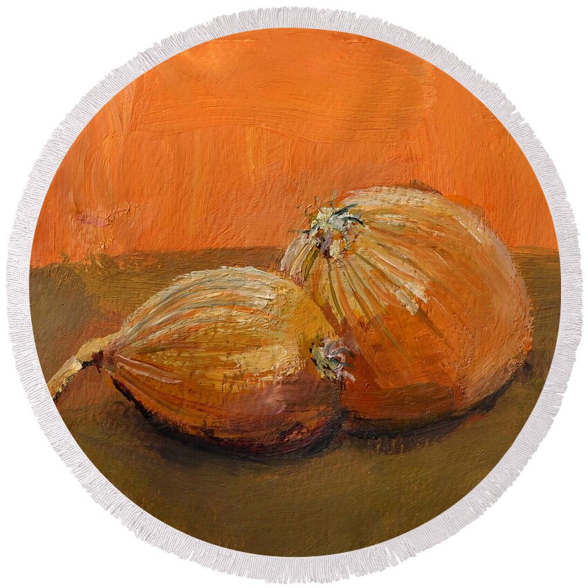 Agriculture Round Beach Towel featuring the painting Yellow Onions Still Life by Michelle Calkins