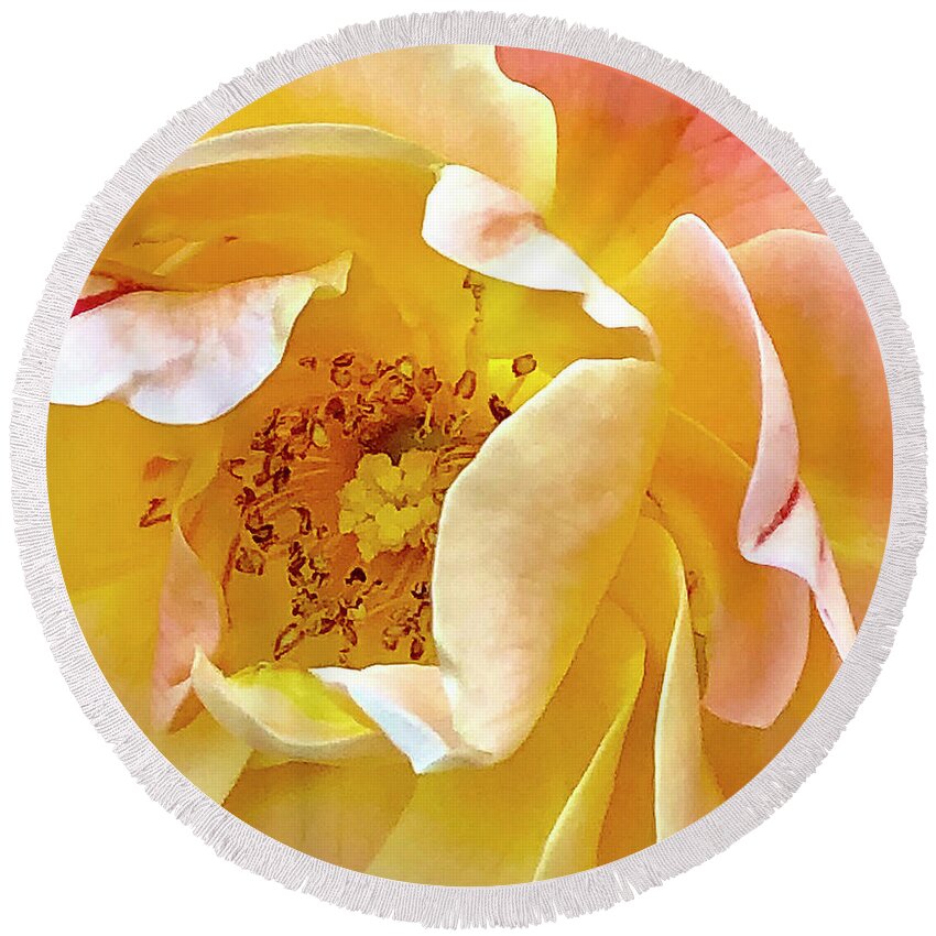 Rose Round Beach Towel featuring the digital art Yellow Rose Center by Nancy Olivia Hoffmann