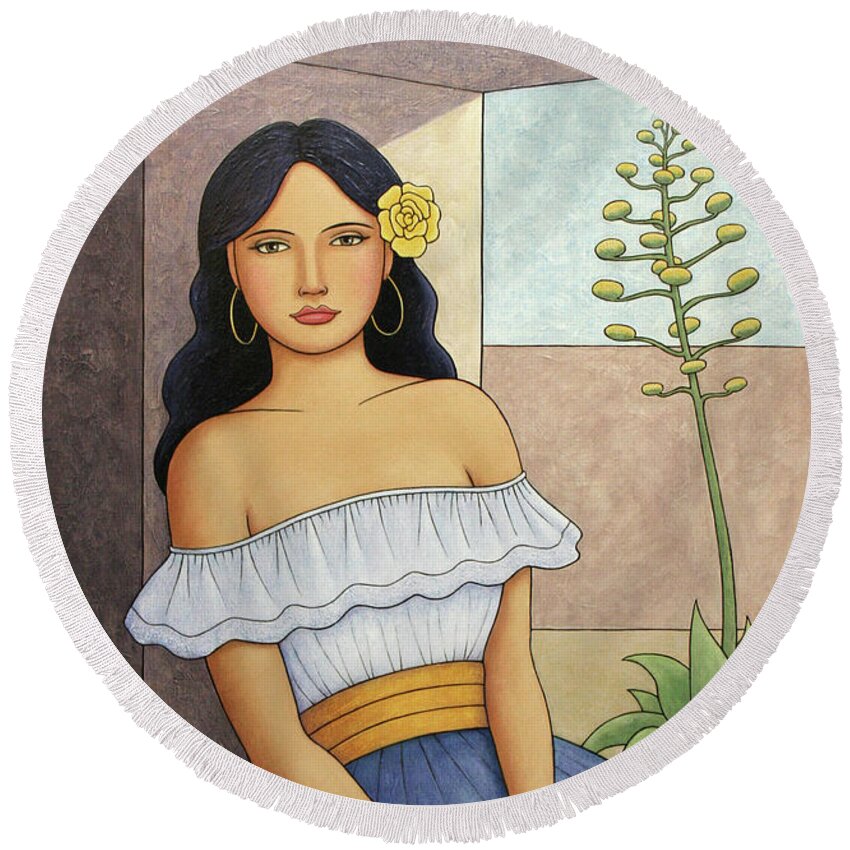Girl Round Beach Towel featuring the painting Yellow Rose by Norman Engel