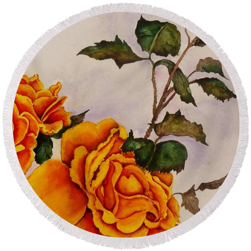 Roses Round Beach Towel featuring the painting Yellow Roses by Lil Taylor