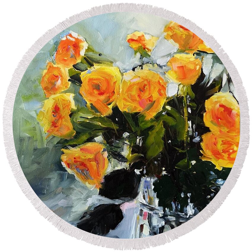 Floral Round Beach Towel featuring the painting Yellow Roses by Sheila Romard
