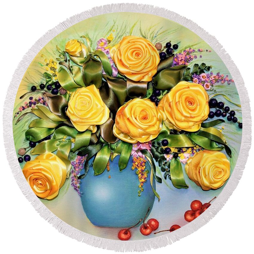 Wall Art Flowers Art Yellow Roses Red Berry Red Cherries Art Yellow Flowers Wall Décor Mixed Media Oil Painting & Ribbon Embroidery On Canvas Round Beach Towel featuring the mixed media Yellow Roses by Tanya Harr