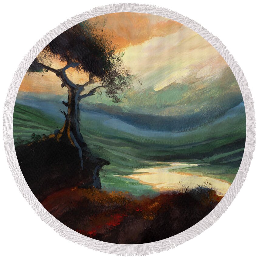 #creativity #art&mindfulness #socialresponsibility #artforworkers #mindfulness Round Beach Towel featuring the painting Yellow Sunset Hills by Veronica Huacuja
