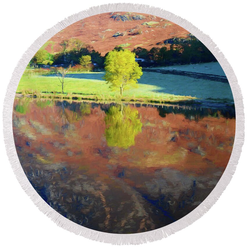 England Round Beach Towel featuring the digital art Yellow Tree Reflection 3 by Roy Pedersen