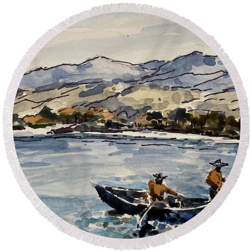 Yellowstone River Round Beach Towel featuring the painting Yellowstone Drift by Les Herman