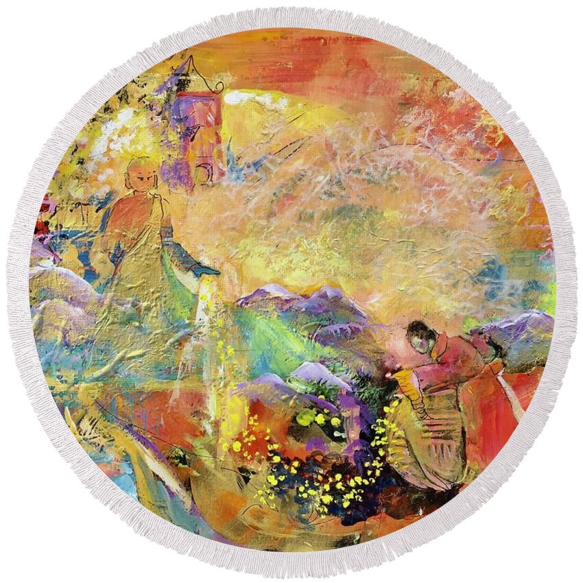 Lovers Yin And Yang Round Beach Towel featuring the painting Yin and Yang Partnership by Caroline Patrick