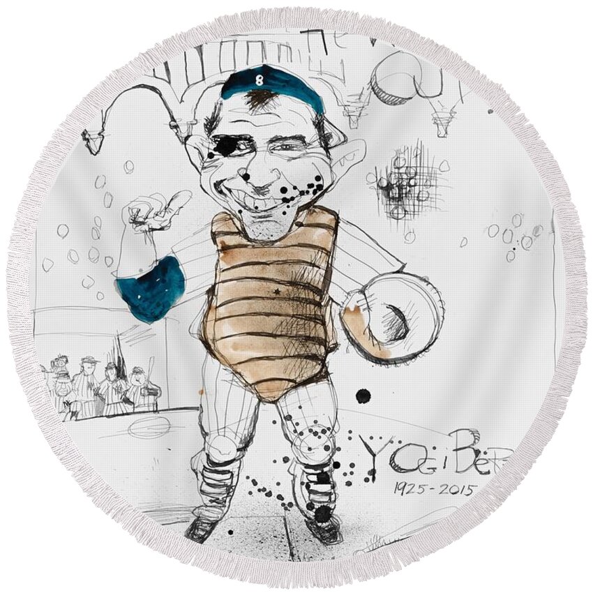  Round Beach Towel featuring the drawing Yogi Berra by Phil Mckenney