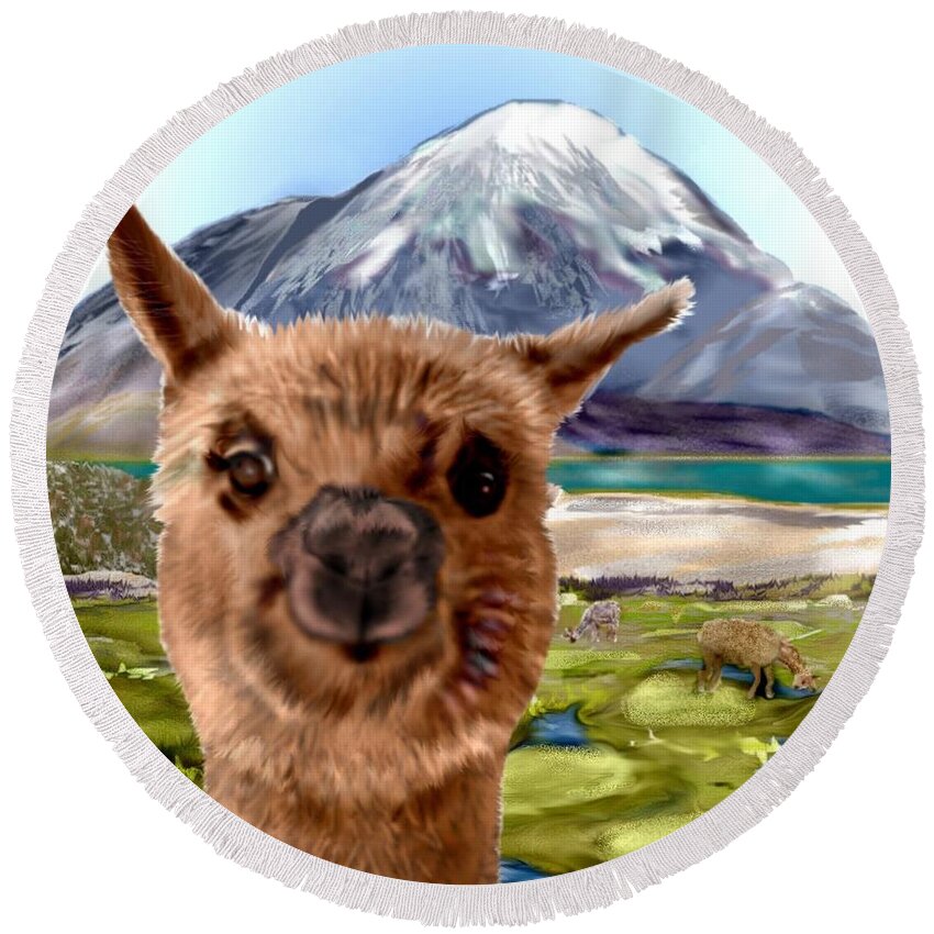 Yogi Alpaca Mountains Alpacas Close Up Round Beach Towel featuring the mixed media Yogi by Pamela Calhoun