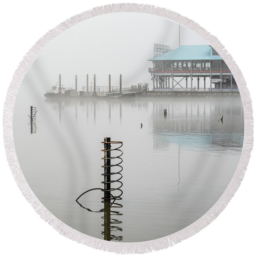 Hudson River Round Beach Towel featuring the photograph Yonkers Pier in Thick Fog by Kevin Suttlehan