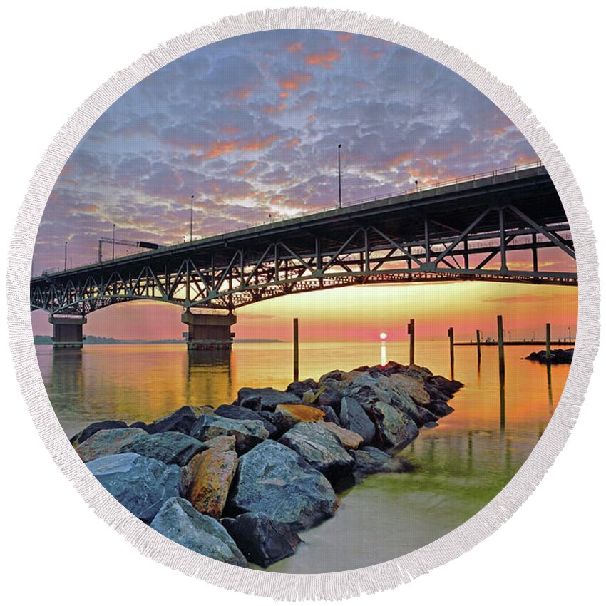 Coleman Bridge Round Beach Towel featuring the photograph York Crossing At Sunrise by Jamie Pattison