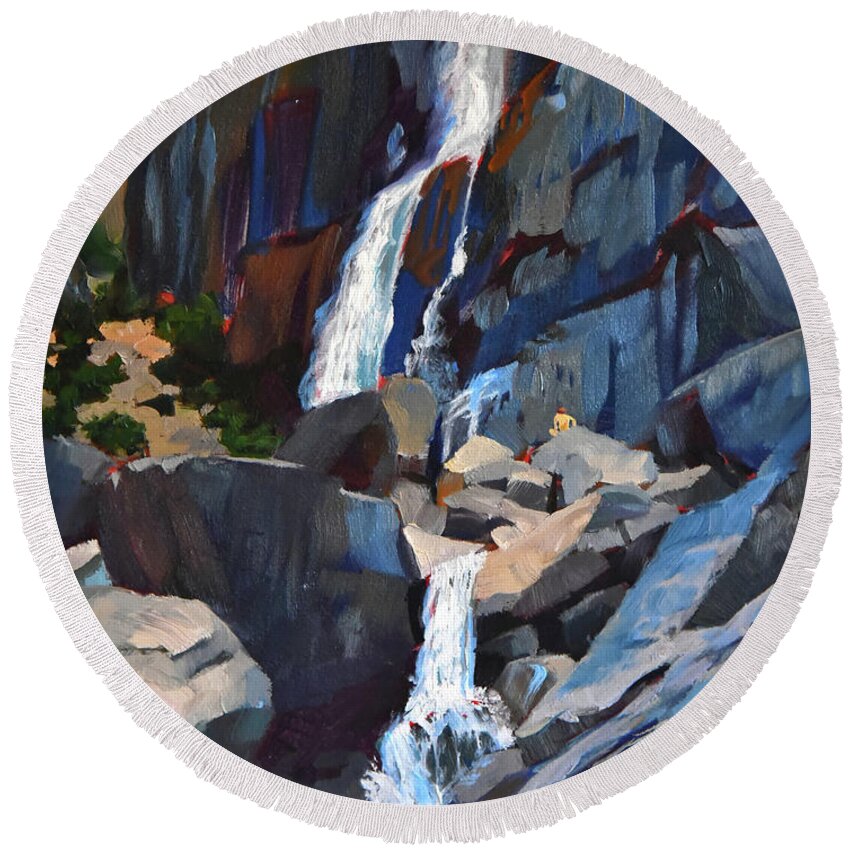 Waterfall Round Beach Towel featuring the painting Yosemite Falls in August by Alice Leggett