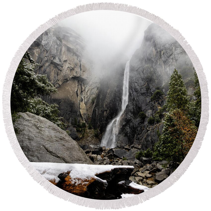 Ca Round Beach Towel featuring the photograph Yosemite Falls in Winter I by Cheryl Strahl