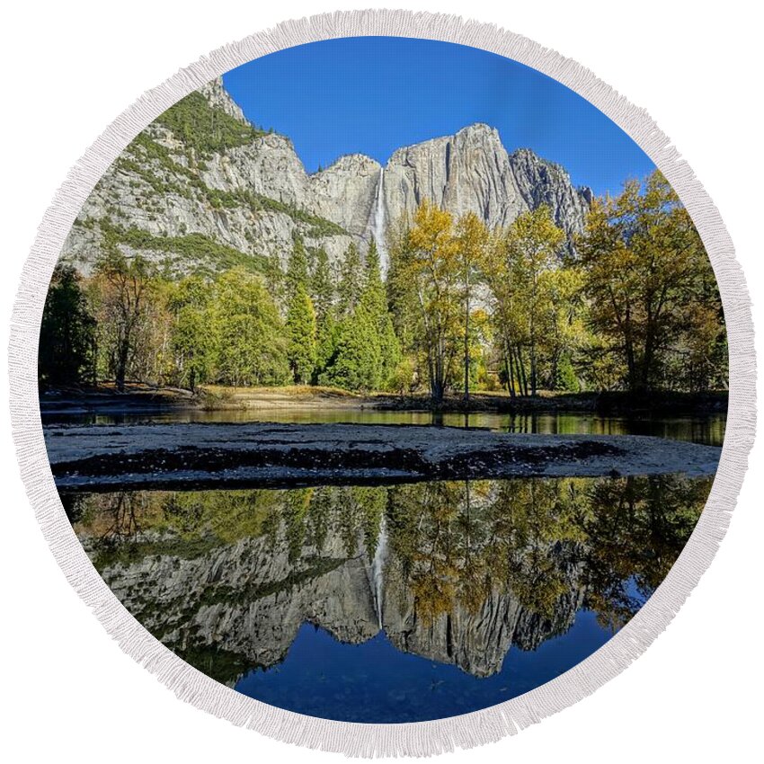 Yosemite National Park Round Beach Towel featuring the photograph Yosemite Falls Reflection by Brett Harvey