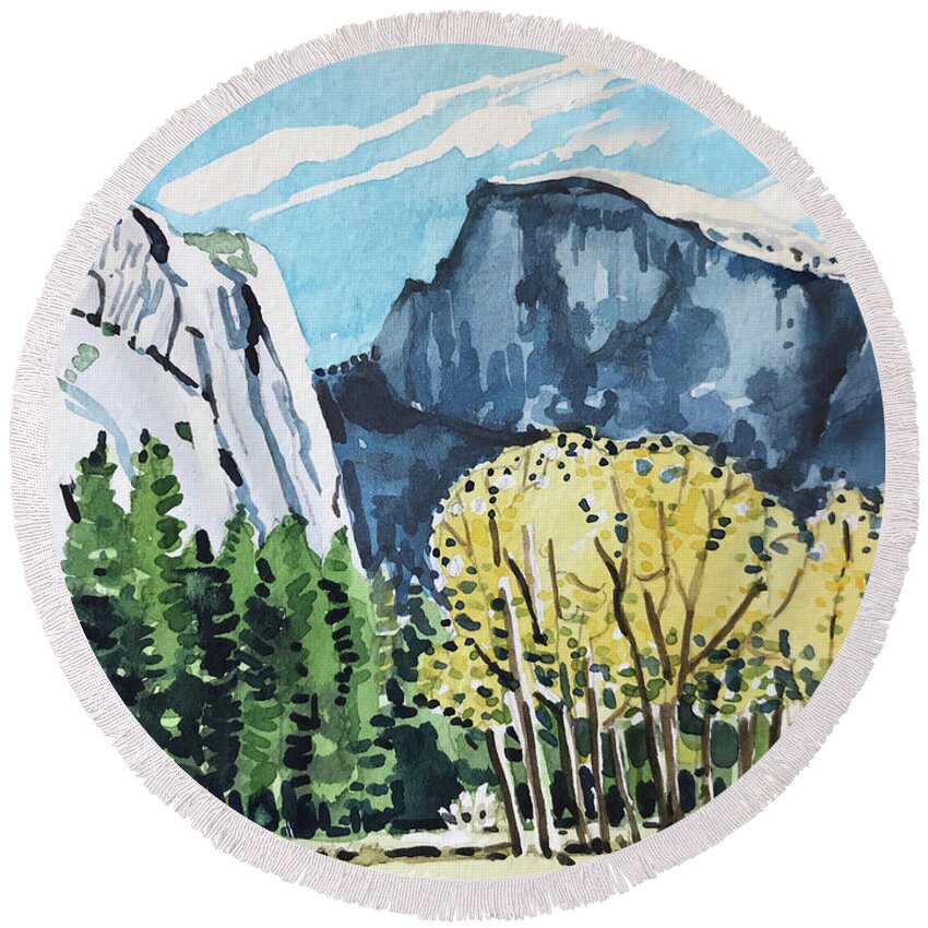River Round Beach Towel featuring the painting Yosemite half Dome by Luisa Millicent