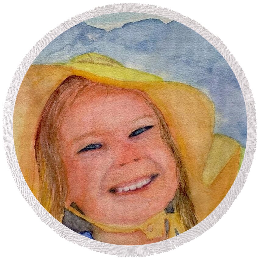 Girl Round Beach Towel featuring the painting You Are My Sunshine by Sue Carmony