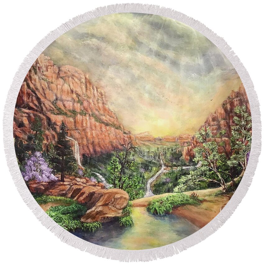 You Restore My Soul.zion Round Beach Towel featuring the painting You Restore my Soul. Zion after the Storm by Bonnie Marie