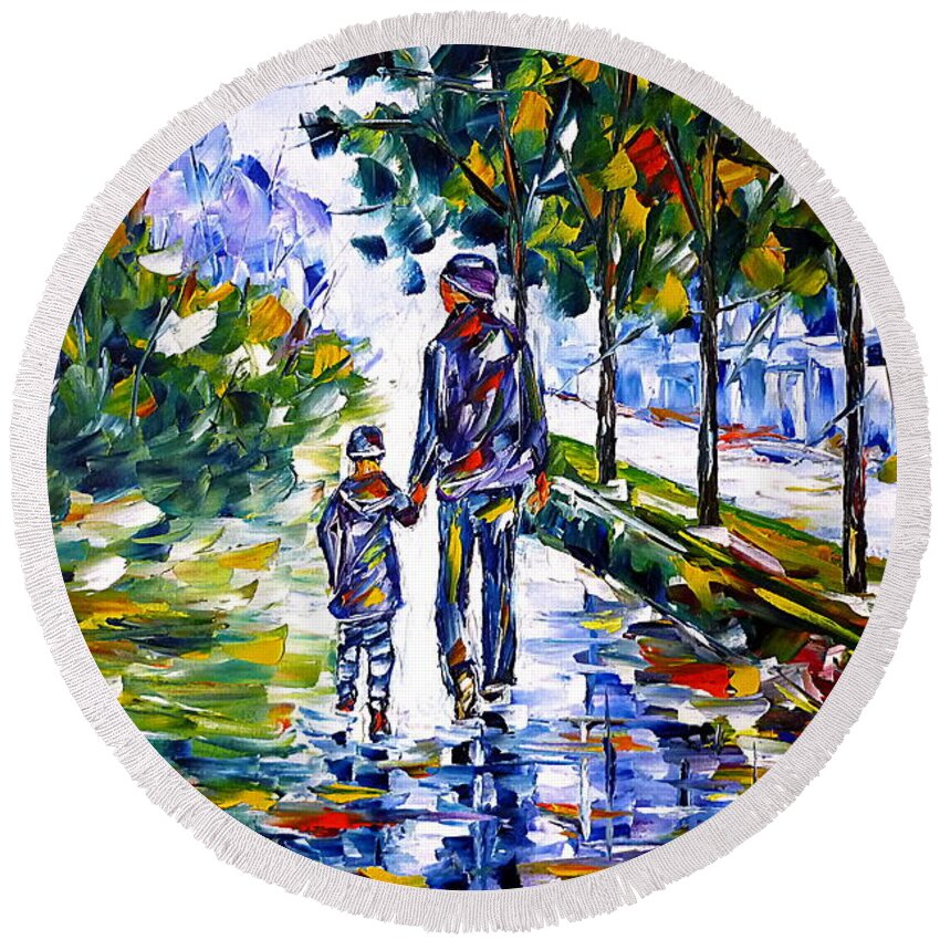 Autumn Walk Round Beach Towel featuring the painting Young Father With Son by Mirek Kuzniar