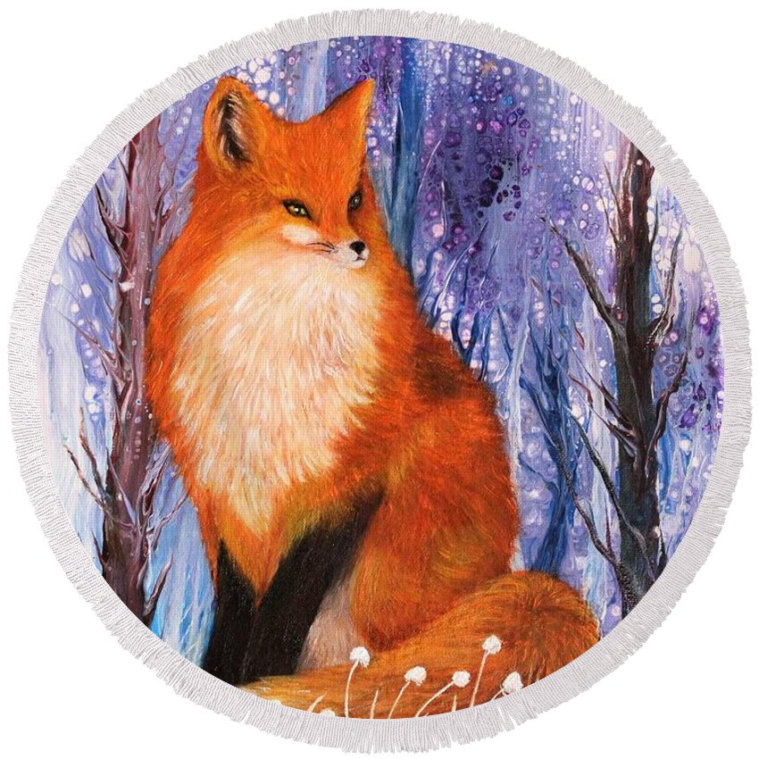 Wall Art Home Decor Fox Red Fox Animals Wild Animals Acrylic Painting Abstract Painting Pouring Art Mix Media Young Fox Winter Forest Oil Painting Round Beach Towel featuring the painting Young Fox by Tanya Harr