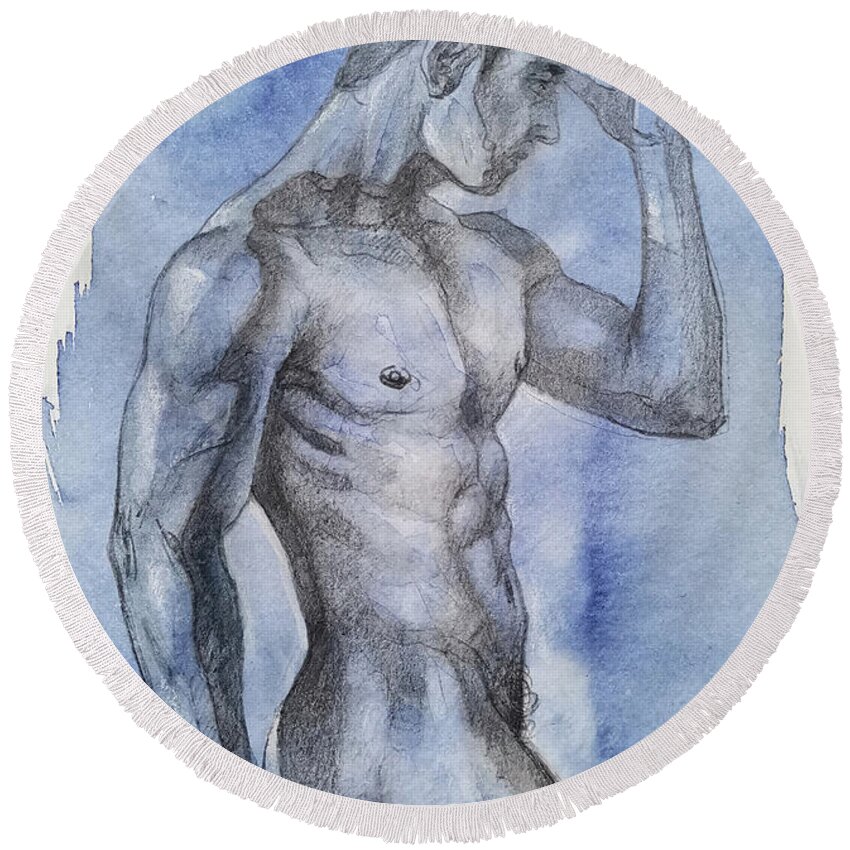 Male Nude Round Beach Towel featuring the drawing Young man#20122 by Hongtao Huang