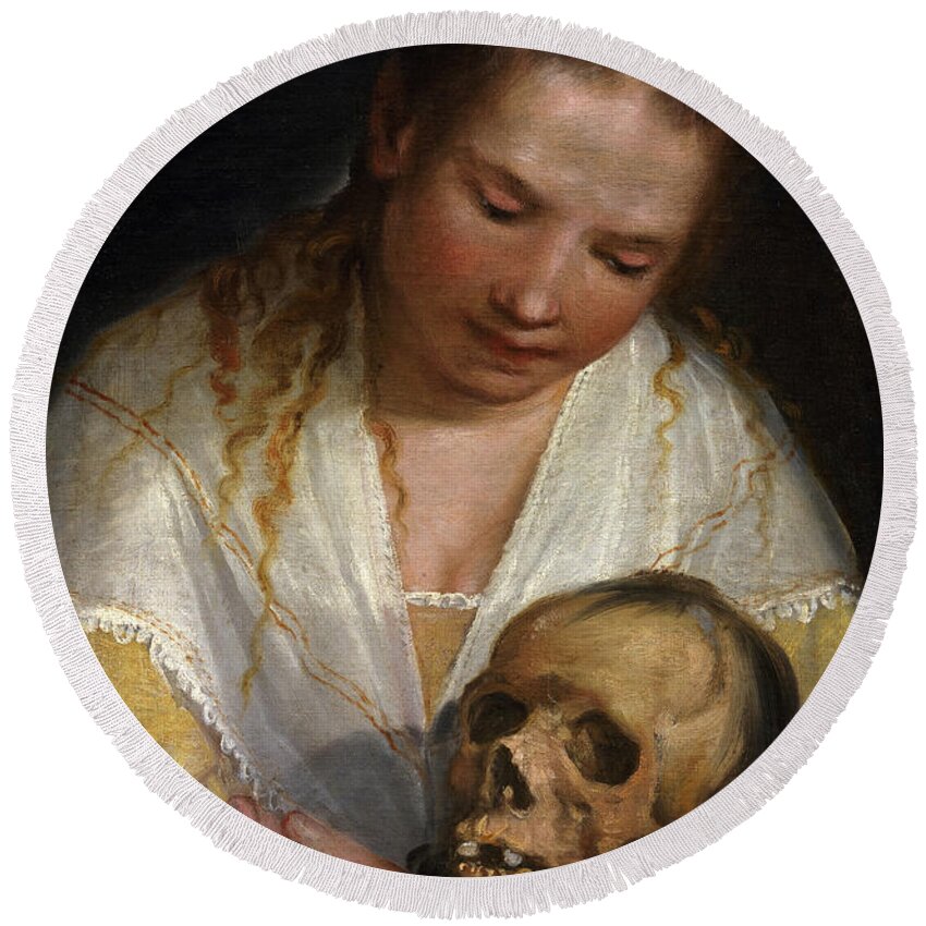 Alessandro Casolano Round Beach Towel featuring the painting Young Woman Contemplating a Skull by Alessandro Casolano