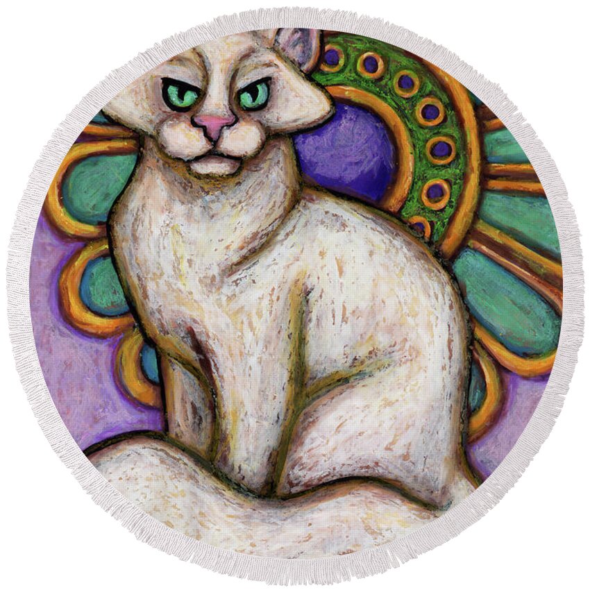 Cat Portrait Round Beach Towel featuring the painting Yvette. The Hauz Katz. Cat Portrait Painting Series. by Amy E Fraser