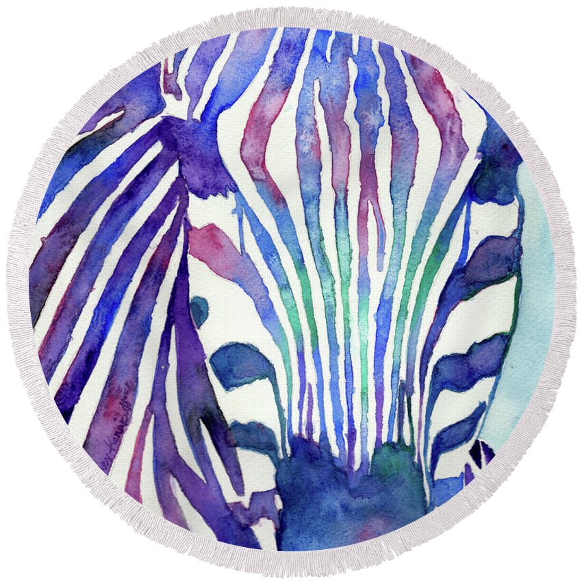 Zebra Round Beach Towel featuring the painting Zebra in Blue by Wendy Keeney-Kennicutt