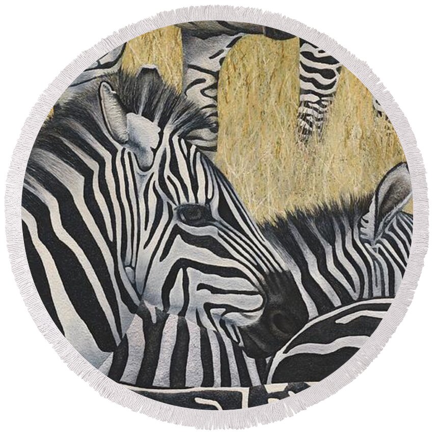 Painting Round Beach Towel featuring the painting Zebra's by Russell Hinckley