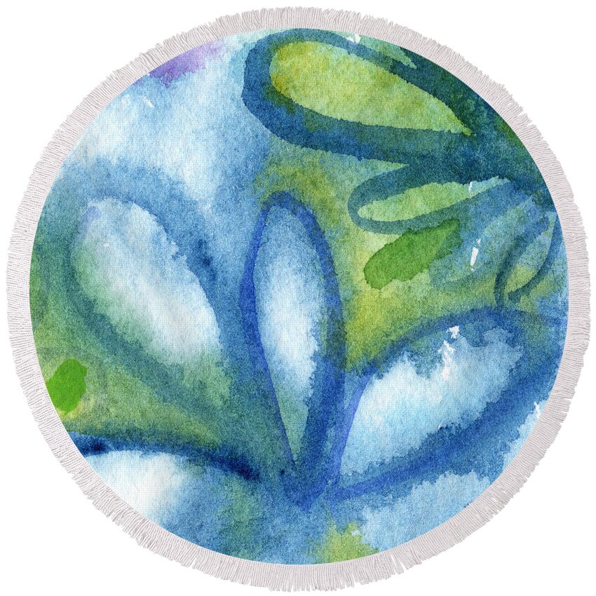 Abstract Round Beach Towel featuring the painting Zen Leaves by Linda Woods