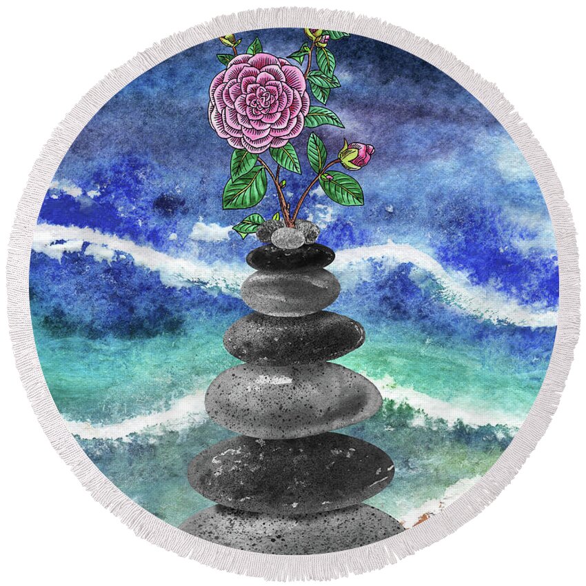 Zen Rocks Round Beach Towel featuring the painting Zen Rocks Cairn Meditative Tower Pink Camellia Flower Watercolor by Irina Sztukowski