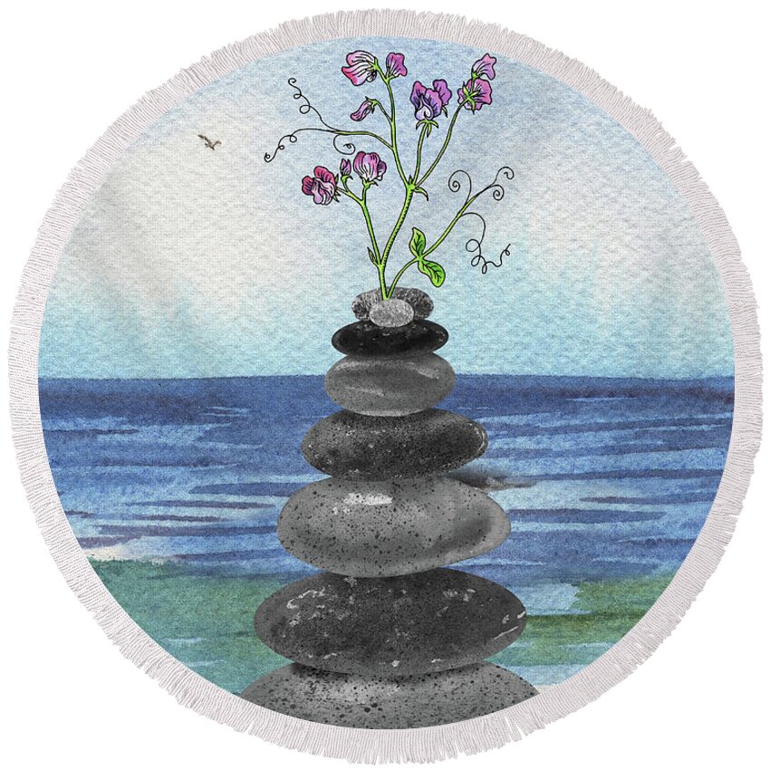 Cairn Rocks Round Beach Towel featuring the painting Zen Rocks Cairn Meditative Tower With Sweet Pea Flower Watercolor by Irina Sztukowski