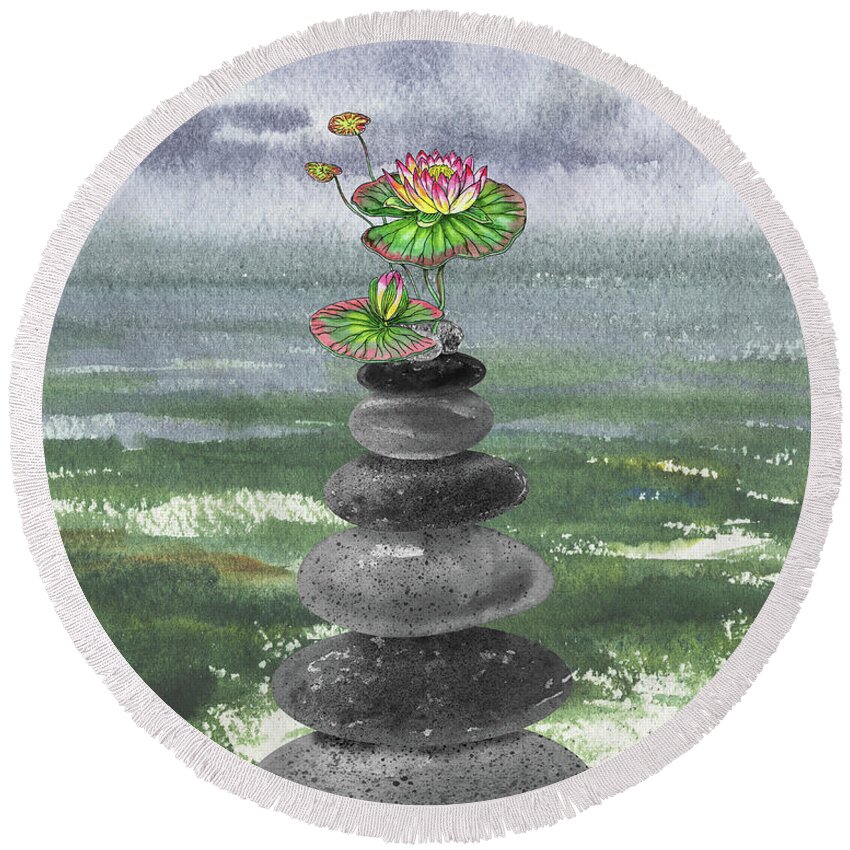 Cairn Rocks Round Beach Towel featuring the painting Zen Rocks Cairn Meditative Tower With Water Lily Flower Watercolor by Irina Sztukowski