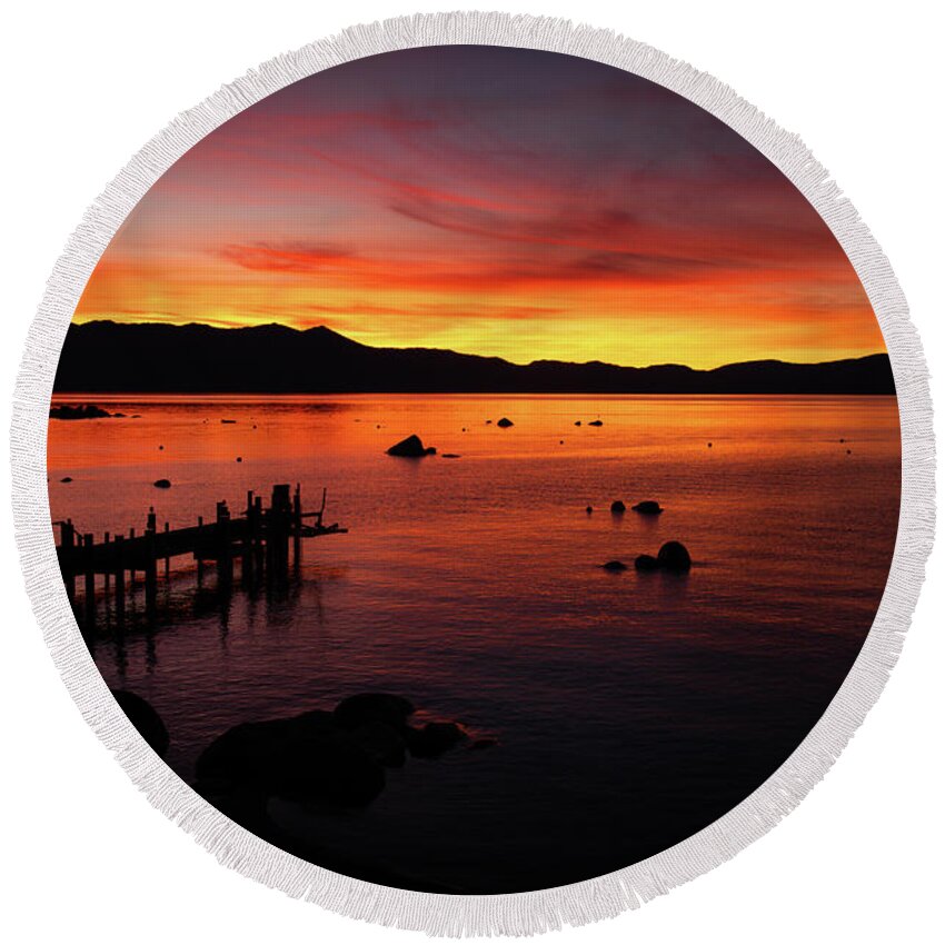 Landscape Round Beach Towel featuring the photograph Zephyr Cove Sunset by Aileen Savage