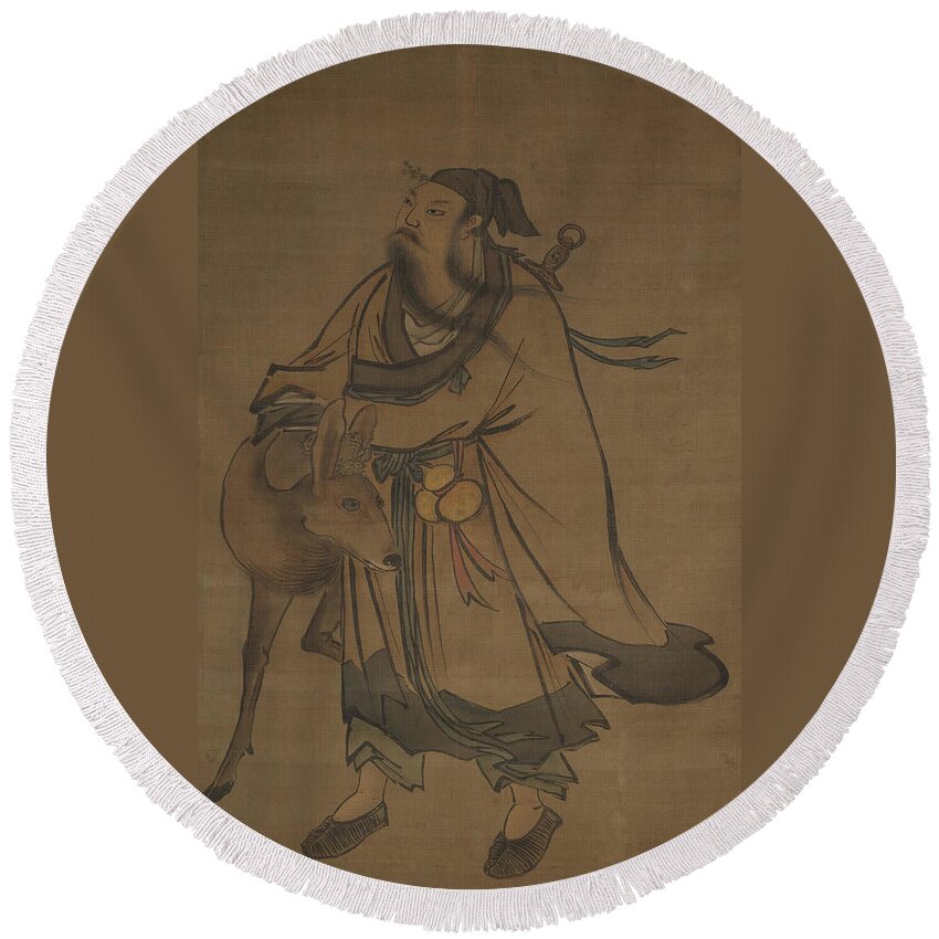 Zhang Lu (1464-1538) The Immortal And Deer Round Beach Towel featuring the painting ZHANG LU The Immortal and Deer by Artistic Rifki
