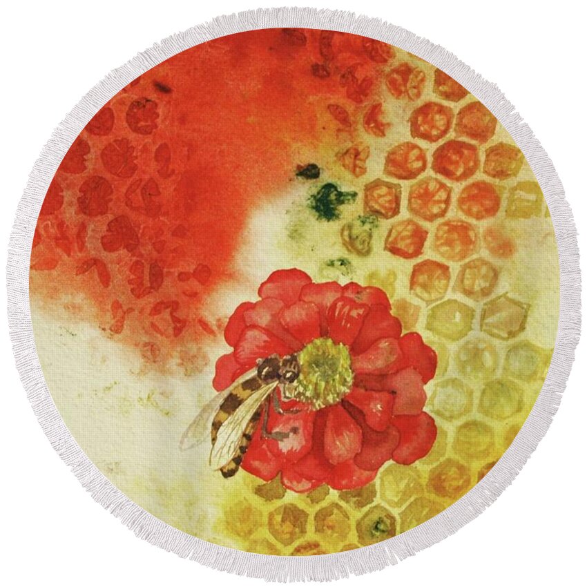  Round Beach Towel featuring the painting Zinnia Bee by Helen Klebesadel