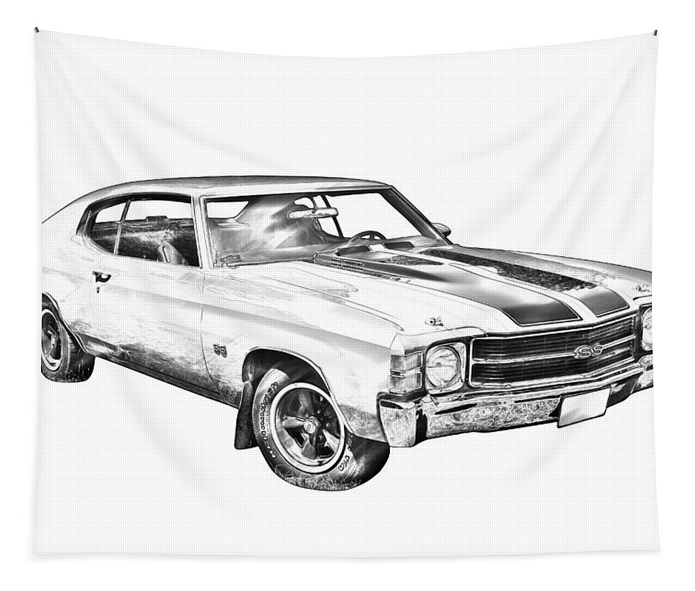 Car; Automobile; 1971; Auto; Vintage; Antique; Classic; Vehicle; Retro; Transportation; Chevrolet Chevelle Ss; Illustration; Drawing; Digital; Line Drawing; Black And White; Car Art; Transport; Chrome; Style; Muscle; American; Hood; Nostalgia; Restored; Chevelle; Chevrolet; Machine; Chevy; Ss; Red; Sport; Usa; Motorcar; Vintage Car; Chevelle Ss; Classic Car; Motor Sport; Motor Vehicle; Power; Striped; Musclecar; Supercar; Sportscar; Muscle Car Tapestry featuring the photograph 1971 chevrolet Chevelle SS Illustration by Keith Webber Jr