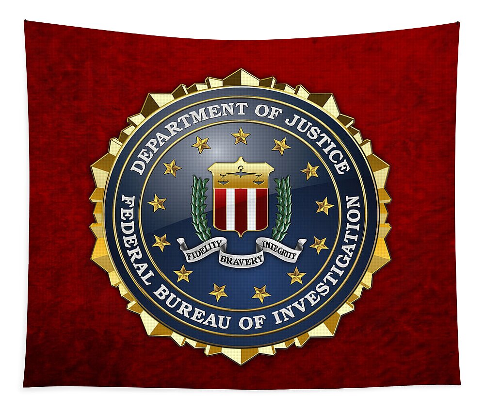 'military Insignia & Heraldry 3d' Collection By Serge Averbukh Tapestry featuring the digital art Federal Bureau of Investigation - F B I Emblem on Red Velvet by Serge Averbukh