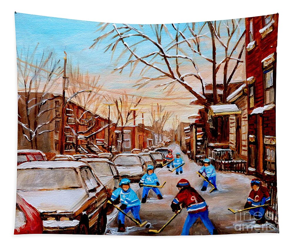 Montreal Tapestry featuring the painting Hockey Art- Verdun Street Scene - Paintings Of Montreal by Carole Spandau