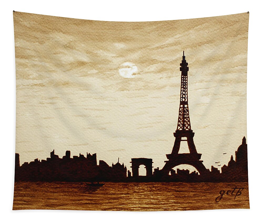 Paris Tapestry featuring the painting Paris Under Moonlight Silhouette France by Georgeta Blanaru