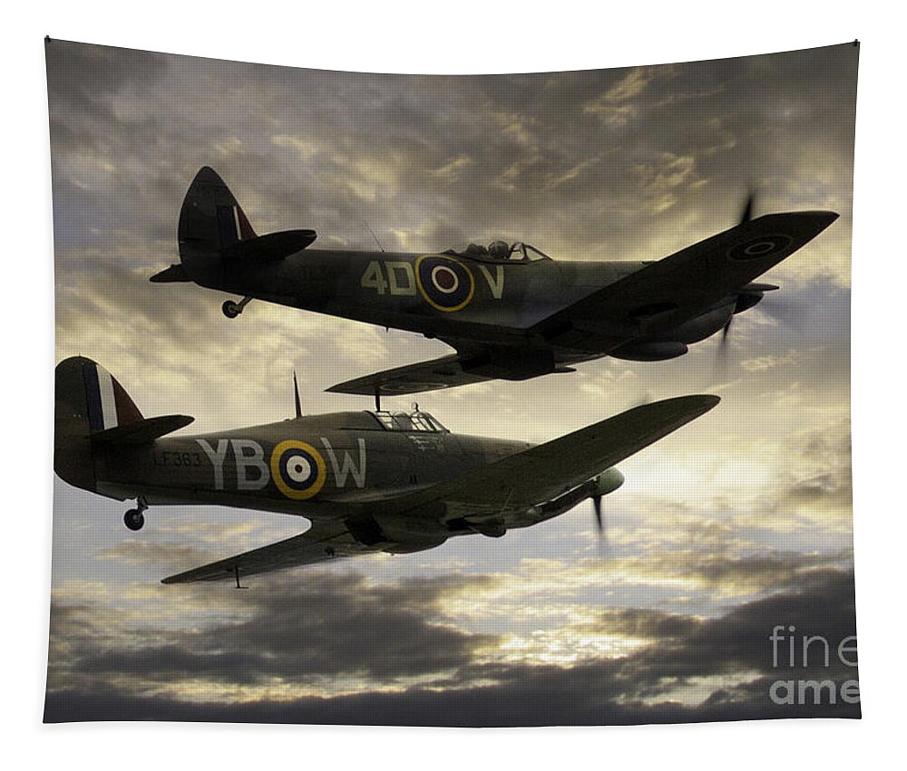 Supermarine Spitfire Tapestry featuring the digital art Spitfire and Hurricane by Airpower Art