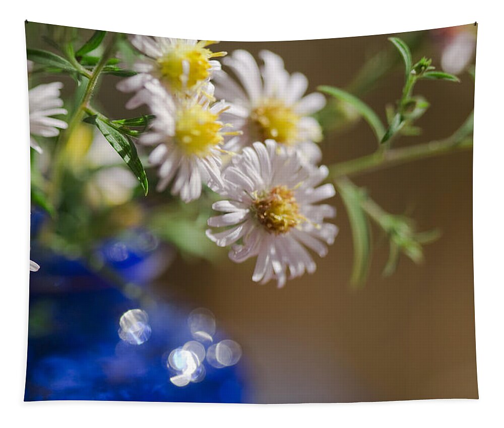 Hairy White Oldfield Aster Tapestry featuring the photograph White Heath Aster - Symphyotrichum pilosum - In Cobalt Blue Vase by Kathy Clark