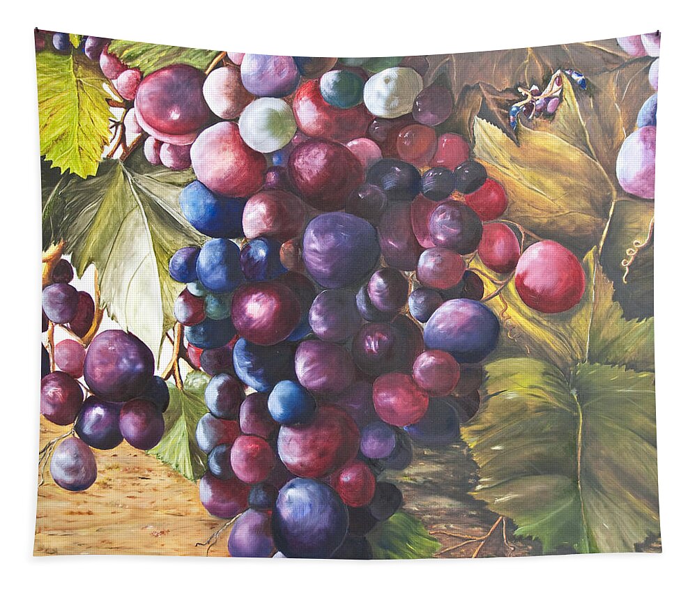 Landscape Close Up Of Grapes On The Vine Tapestry featuring the painting Wine Grapes On A Vine by Chuck Gebhardt