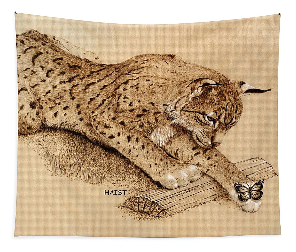 Nature Tapestry featuring the pyrography Bobcat and Friend by Ron Haist