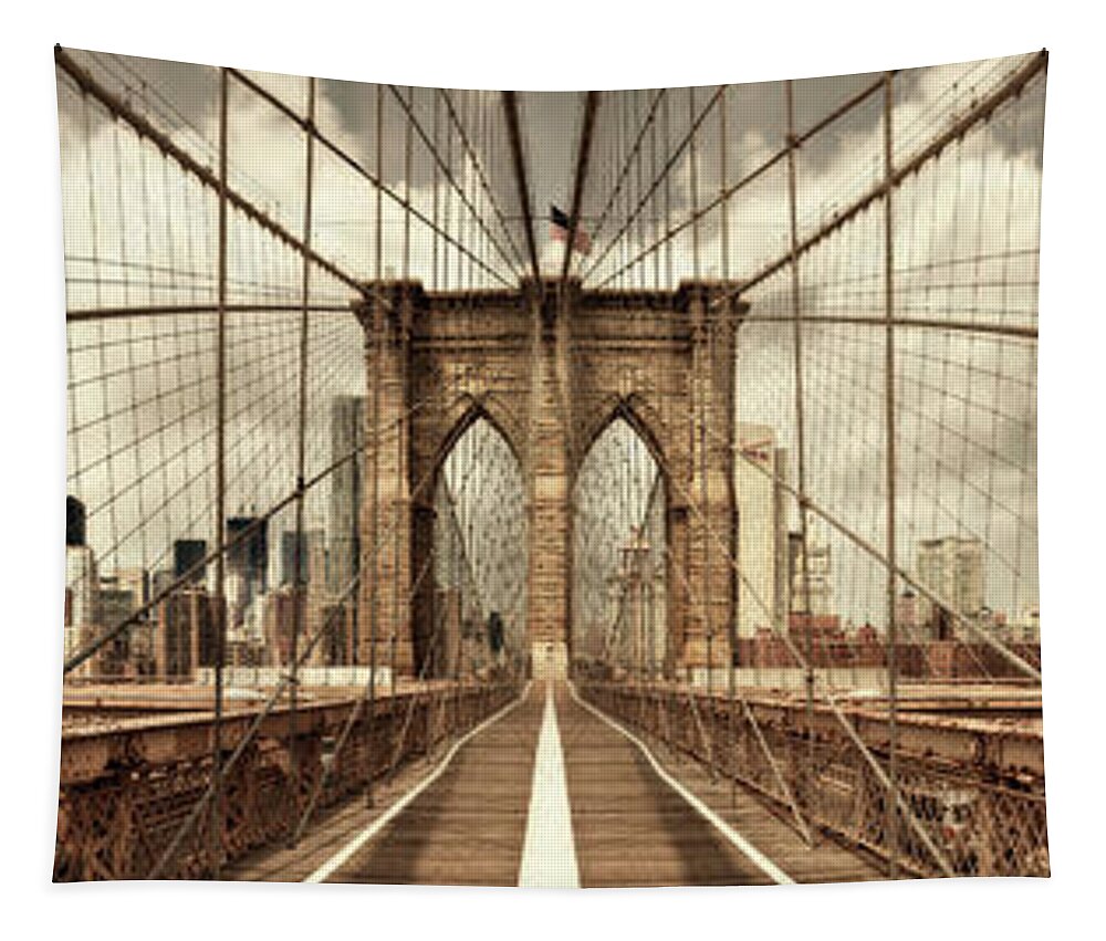 Brooklyn Tapestry featuring the photograph Brooklyn Bridge (sepia) #1 by Shelley Lake