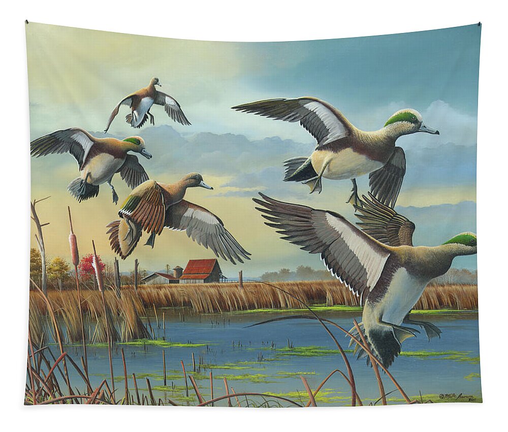American Wigeons Tapestry featuring the painting Coming Home by Mike Brown