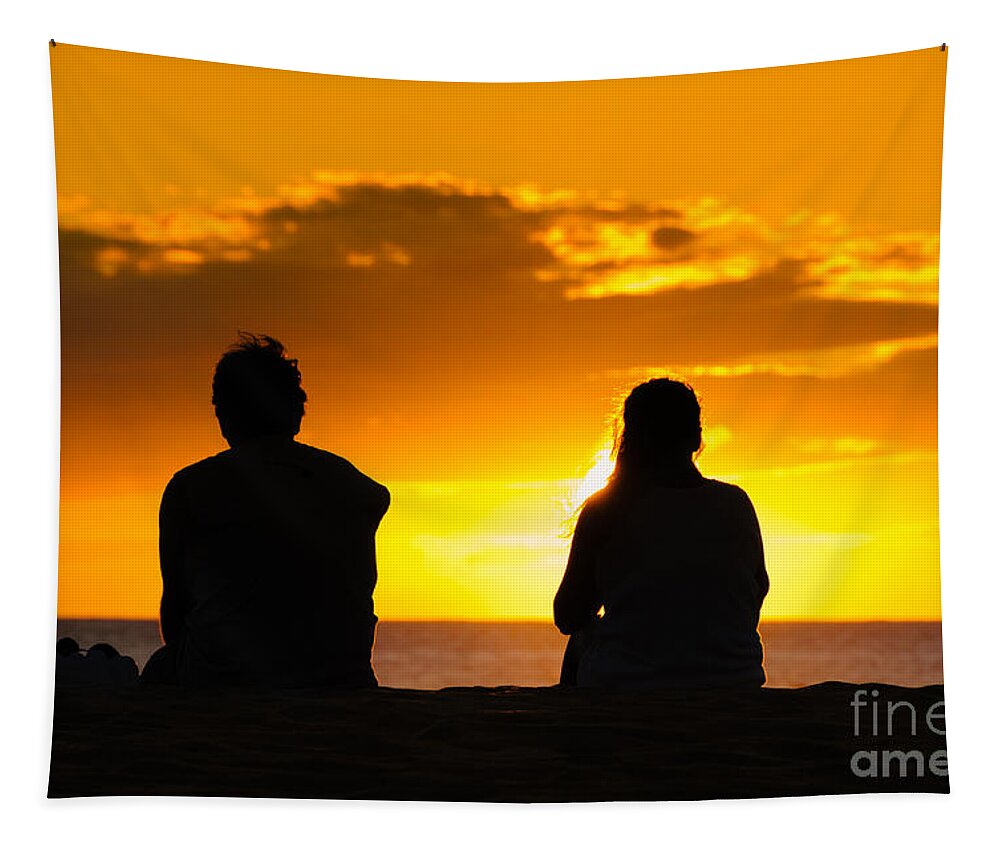 Hawaii Tapestry featuring the photograph Couple watching the sunset on a beach in Maui Hawaii USA #1 by Don Landwehrle